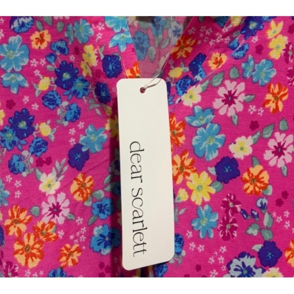 Pink Womens Dear Scarlett Floral Split Neck Tab Sleeve Blouse 3x - Picture 2 of 3